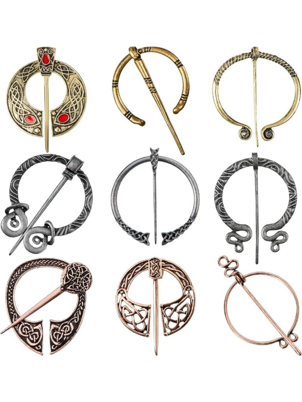 Vintage Viking Cloak Pins Set - 9 Antique Brooches for Costumes & Accessories